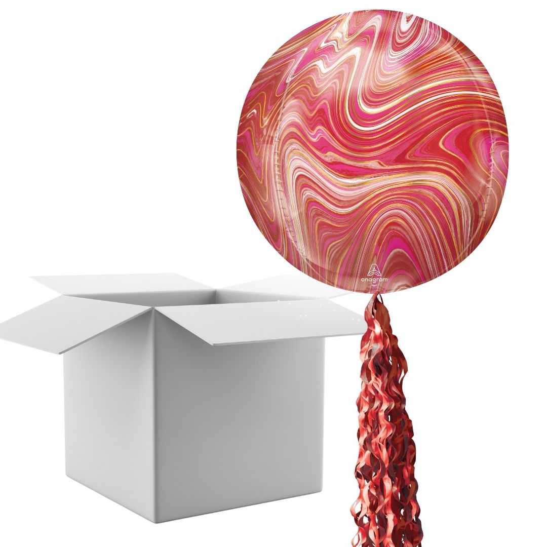 Floating Red & Pink Marble Balloon In A Box With Tail Surprise Gift - Personalise It!