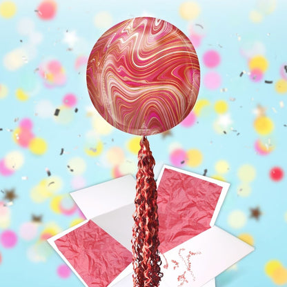 Floating Red & Pink Marble Balloon In A Box With Tail Surprise Gift - Personalise It!