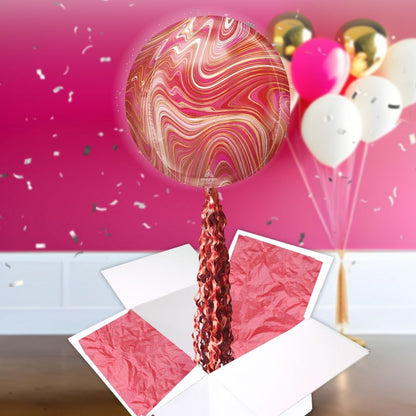 Floating Red & Pink Marble Balloon In A Box With Tail Surprise Gift - Personalise It!