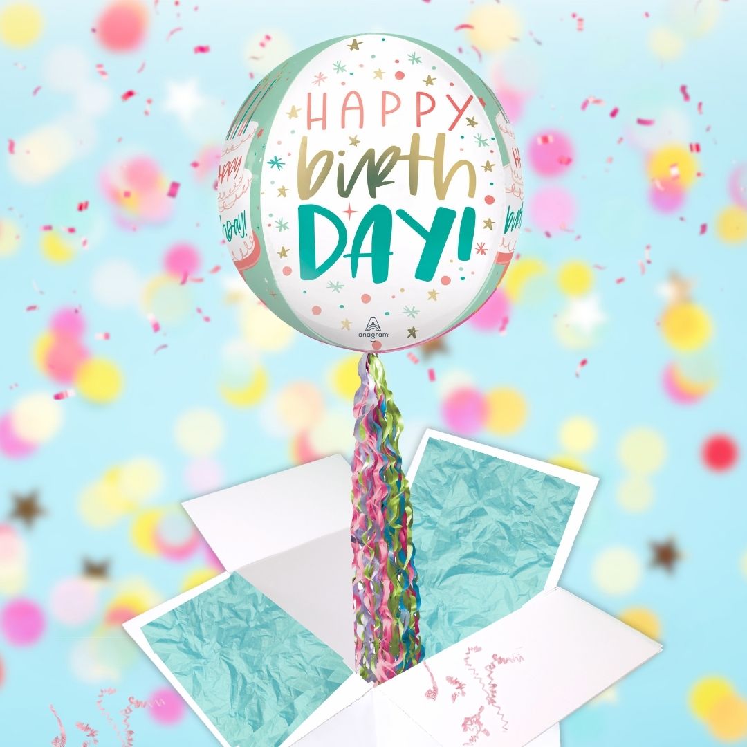Floating Cake Happy Birthday Balloon In A Box With Tail Surprise Gift - Personalise It!