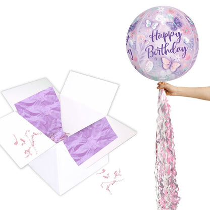 Floating Butterfly Happy Birthday Balloon In A Box With Tail Surprise Gift - Personalise It!