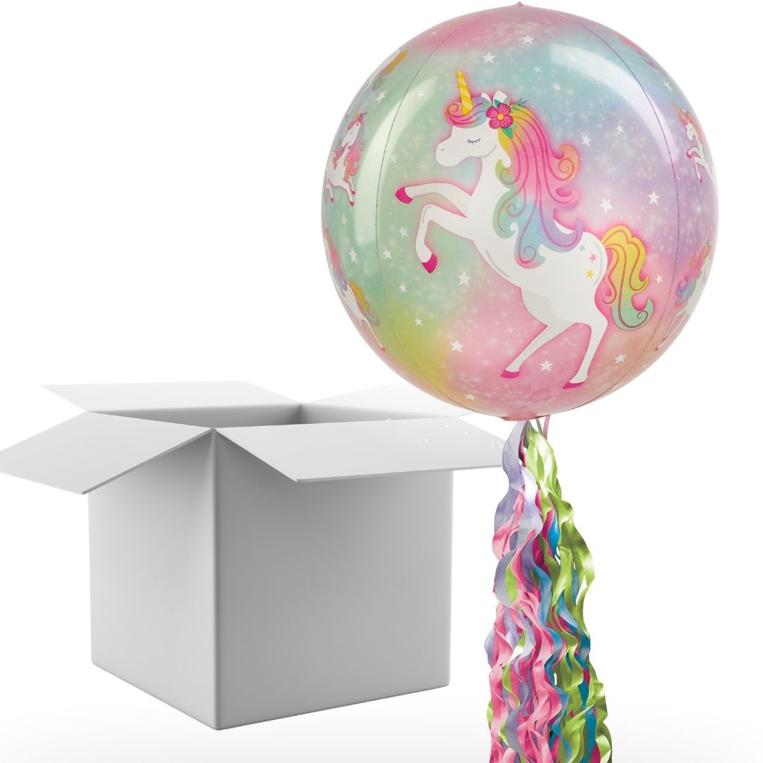 Floating Enchanted Unicorn Balloon In A Box With Tail Surprise Gift - Personalise It!