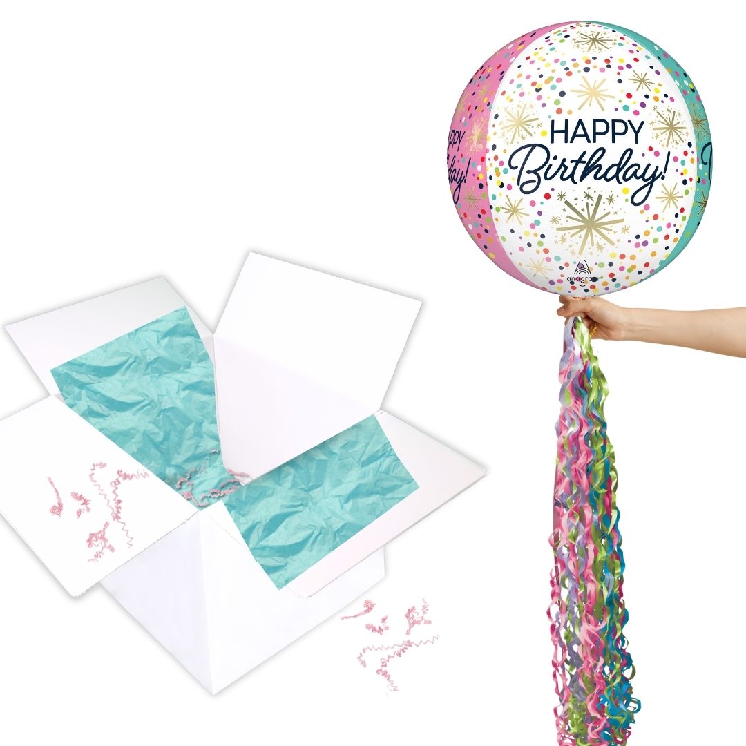 Floating Confetti Happy Birthday Balloon In A Box With Tail Surprise Gift - Personalise It!