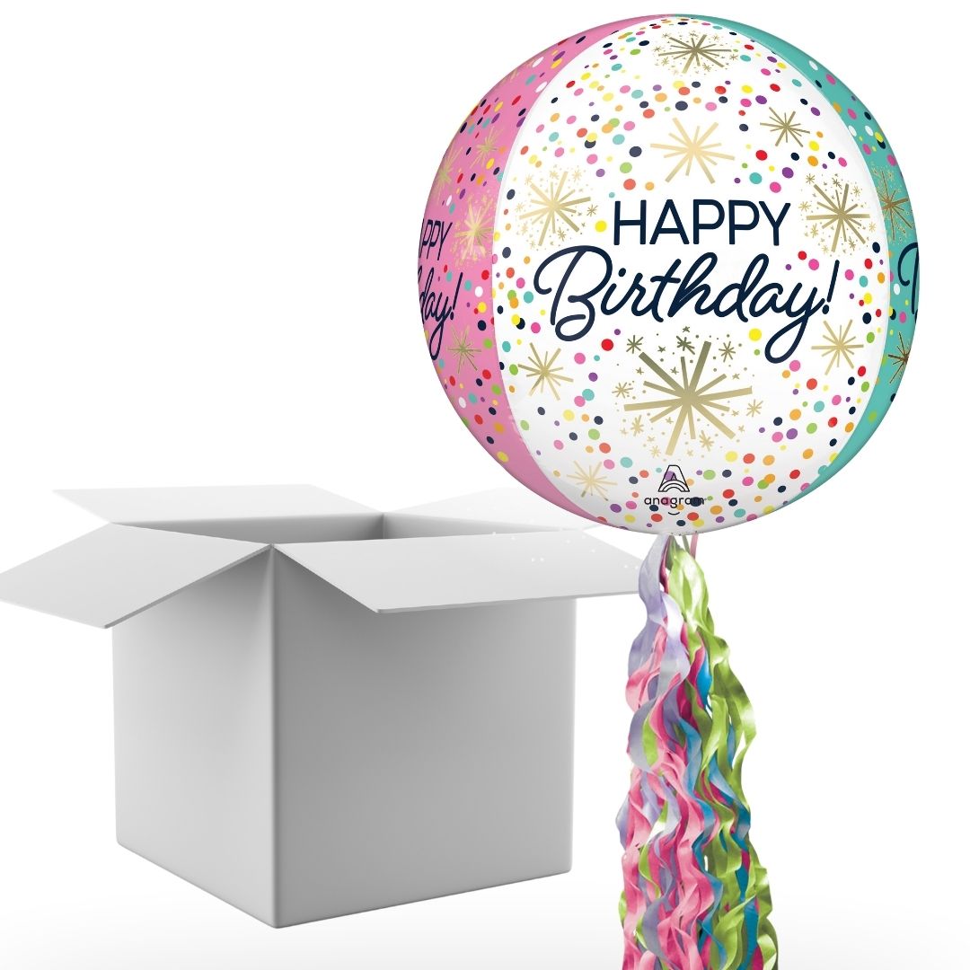 Floating Confetti Happy Birthday Balloon In A Box With Tail Surprise Gift - Personalise It!