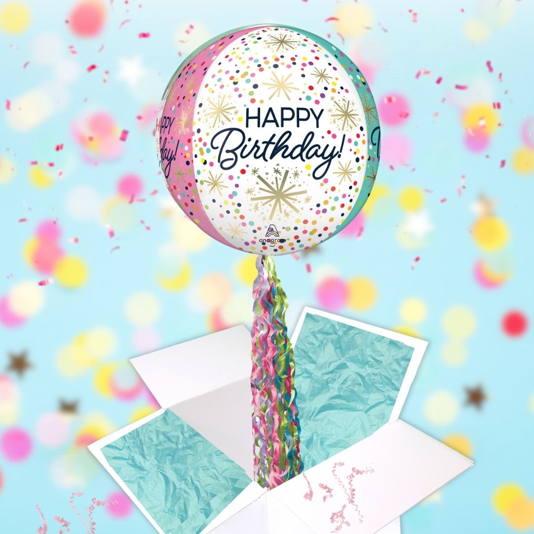 Floating Confetti Happy Birthday Balloon In A Box With Tail Surprise Gift - Personalise It!