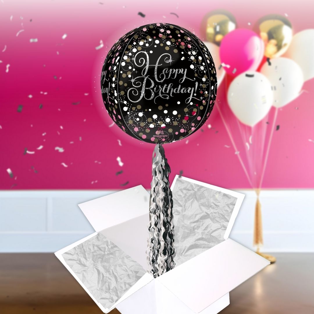 Floating Sparkling Happy Birthday Balloon In A Box With Tail Surprise Gift - Personalise It!