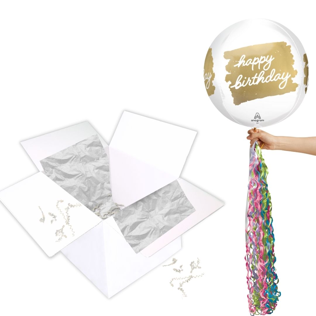 Floating Golden Age Happy Birthday Balloon In A Box With Tail Surprise Gift - Personalise It!