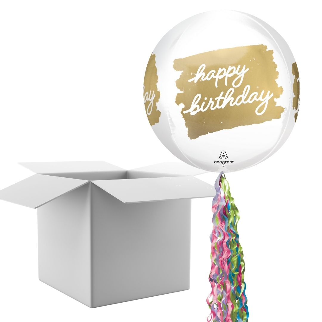 Floating Golden Age Happy Birthday Balloon In A Box With Tail Surprise Gift - Personalise It!