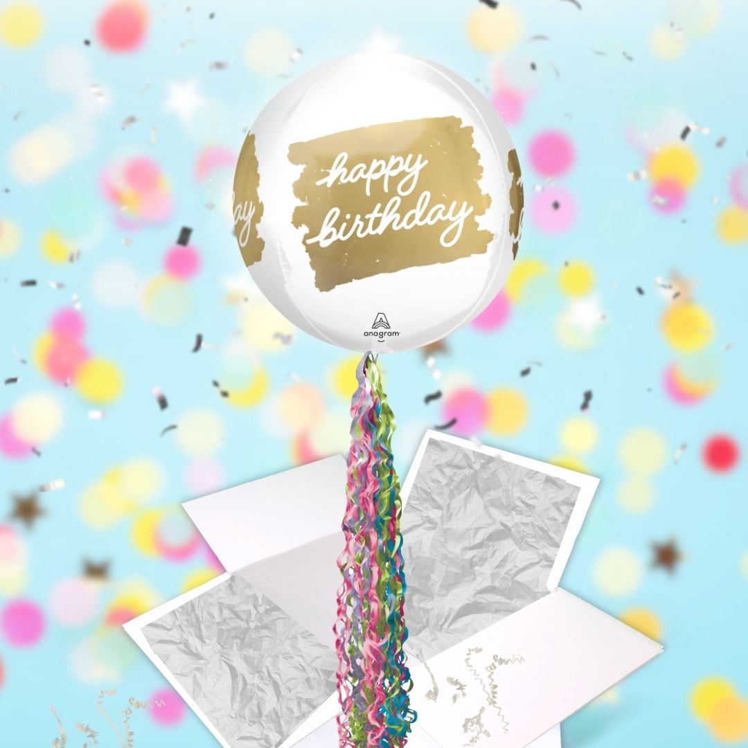 Floating Golden Age Happy Birthday Balloon In A Box With Tail Surprise Gift - Personalise It!