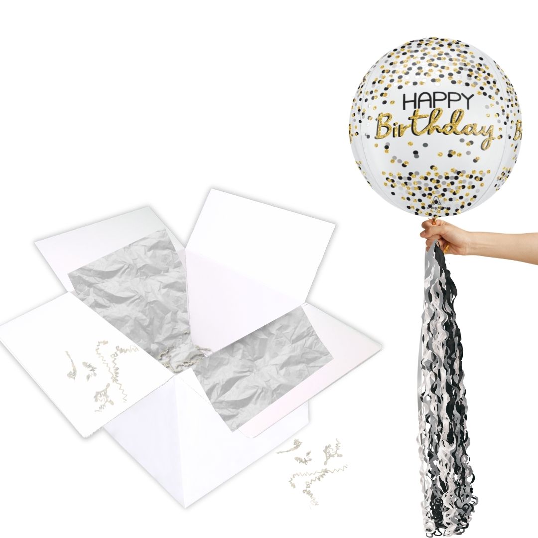Floating Shimmering Happy Birthday Balloon In A Box With Tail Surprise Gift - Personalise It!