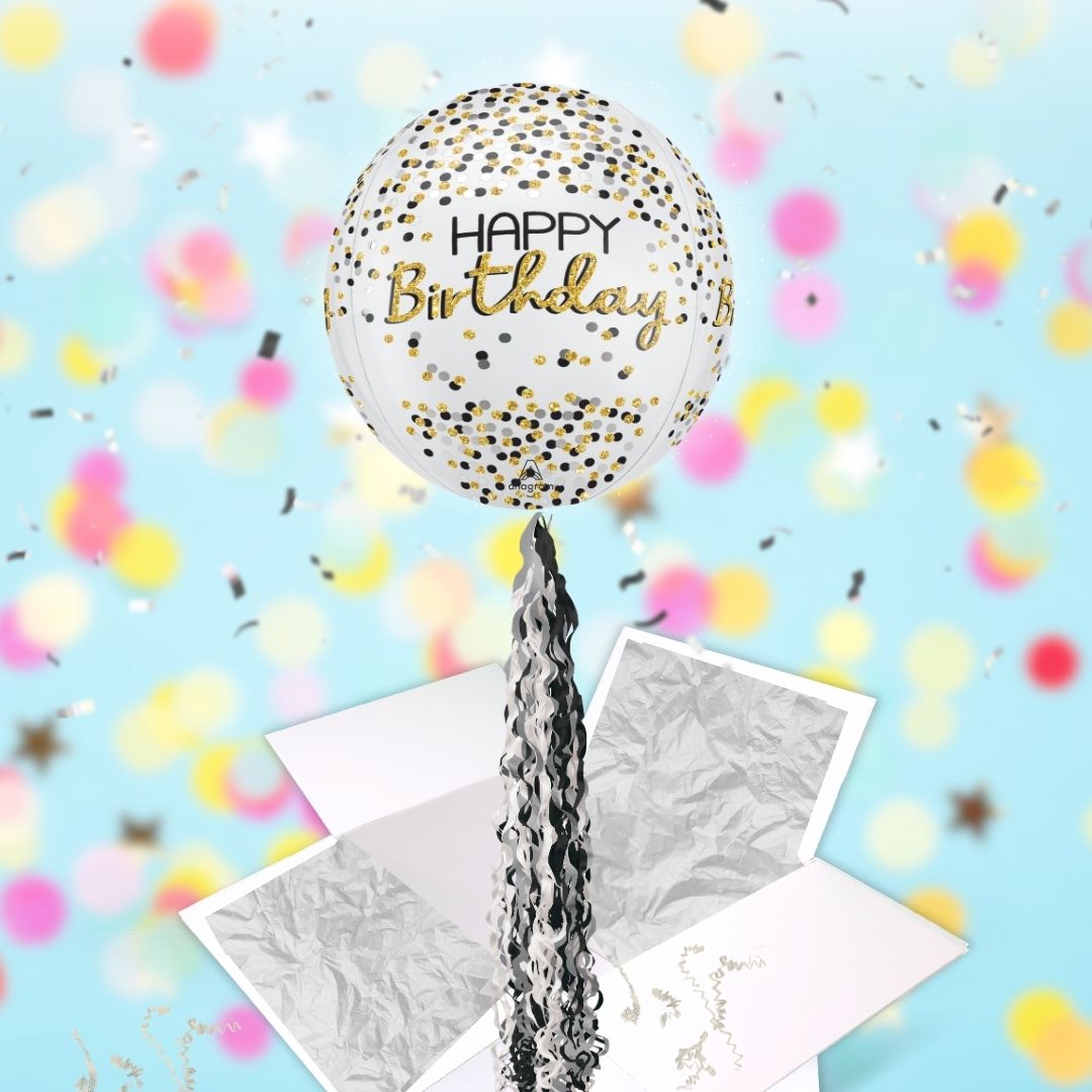 Floating Shimmering Happy Birthday Balloon In A Box With Tail Surprise Gift - Personalise It!