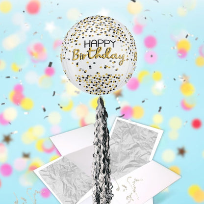 Floating Shimmering Happy Birthday Balloon In A Box With Tail Surprise Gift - Personalise It!
