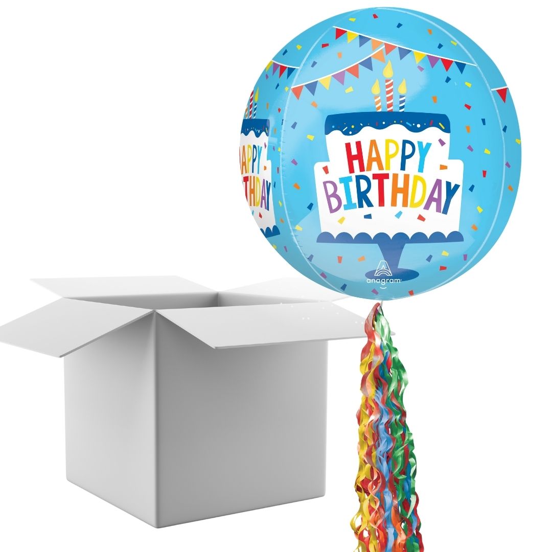 Floating Happy Birthday Cake Balloon In A Box With Tail Surprise Gift - Personalise It!