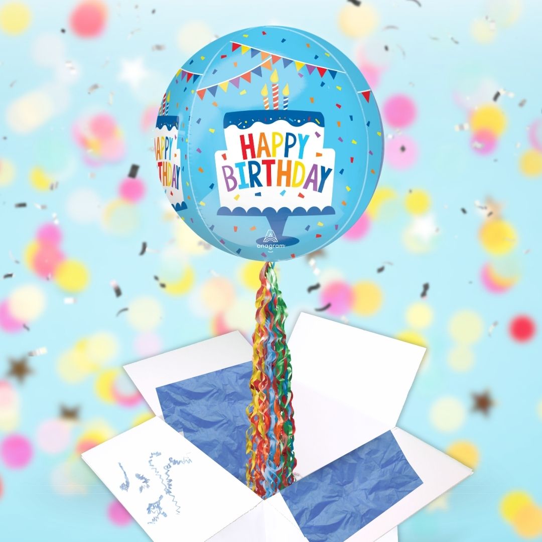 Floating Happy Birthday Cake Balloon In A Box With Tail Surprise Gift - Personalise It!