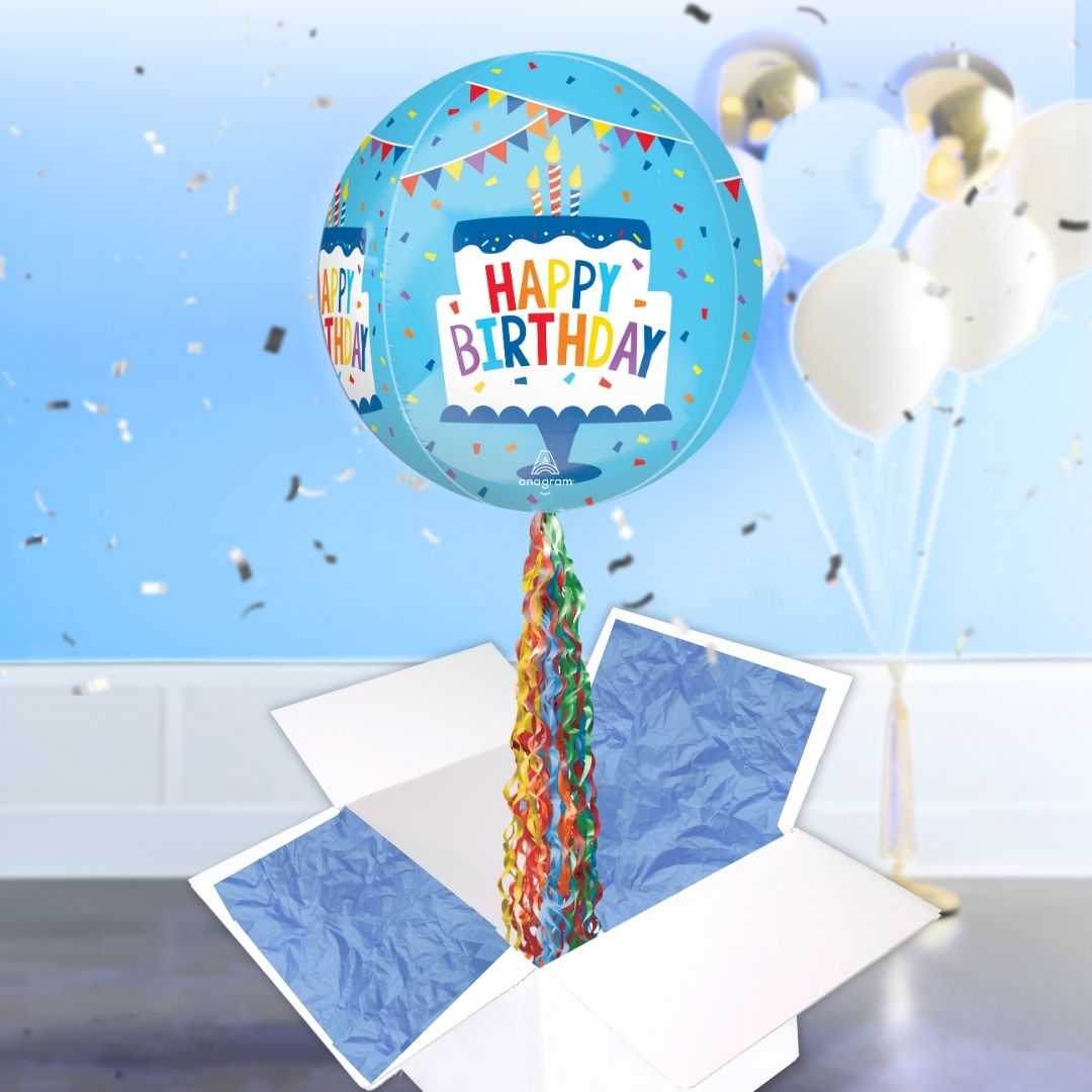 Floating Happy Birthday Cake Balloon In A Box With Tail Surprise Gift - Personalise It!