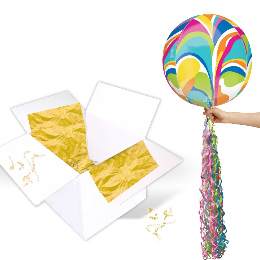 Floating Vibrant Macro Marble Balloon In A Box With Tail Surprise Gift - Personalise It!