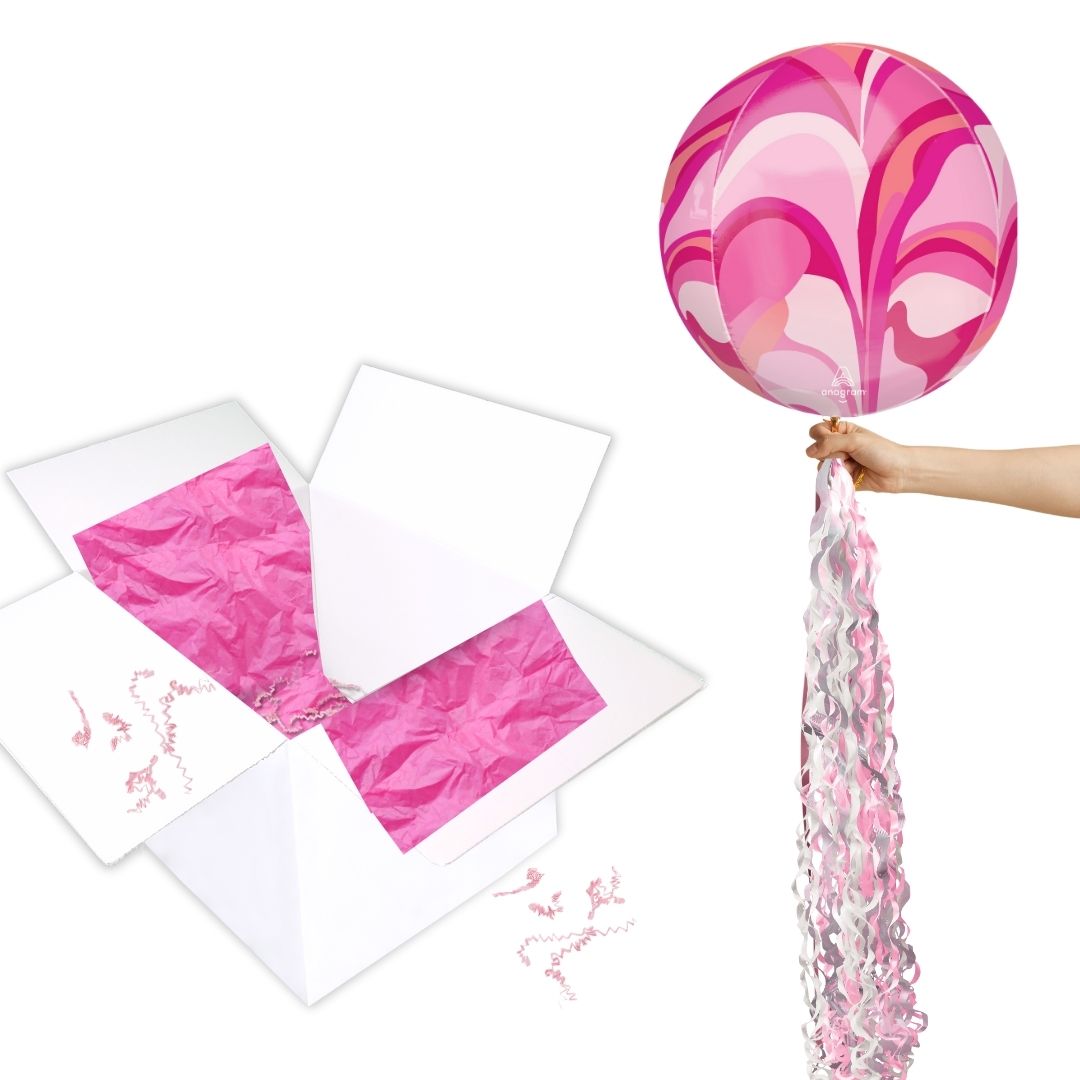 Floating Pink Macro Marble Balloon In A Box With Tail Surprise Gift - Personalise It!