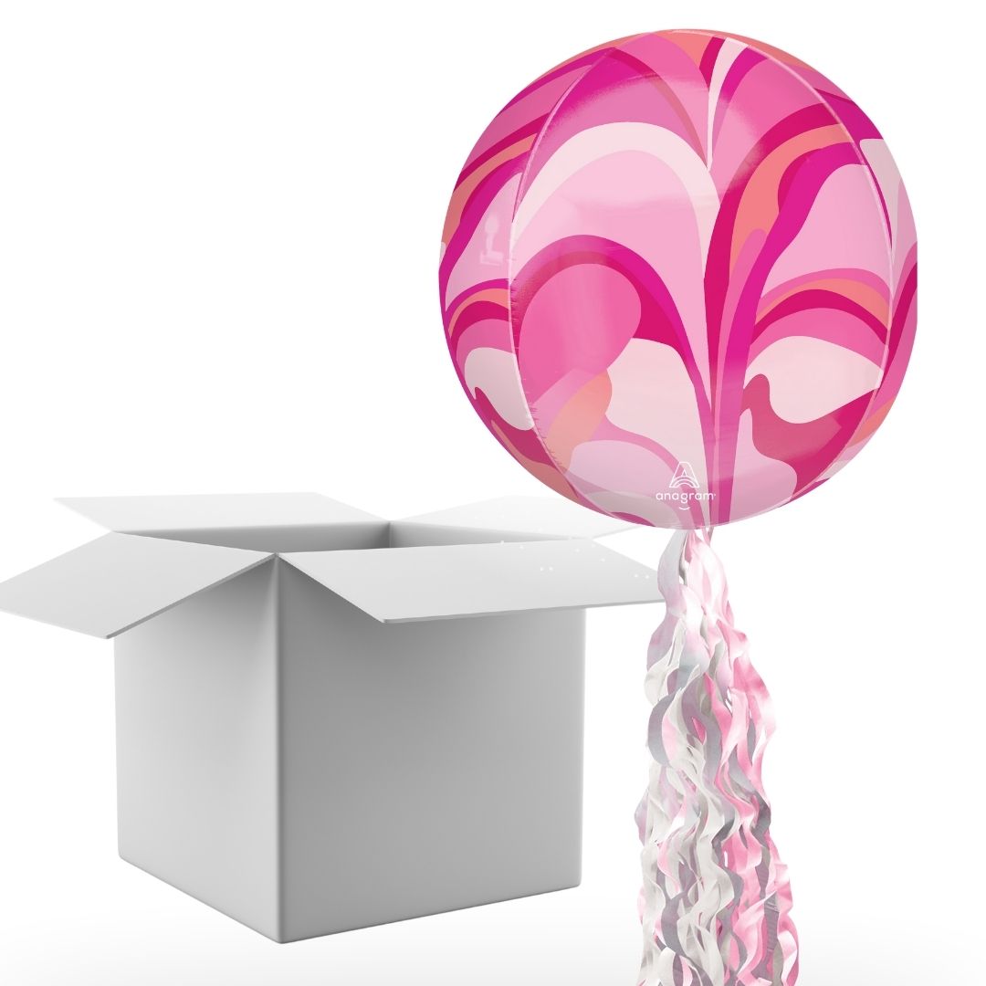 Floating Pink Macro Marble Balloon In A Box With Tail Surprise Gift - Personalise It!