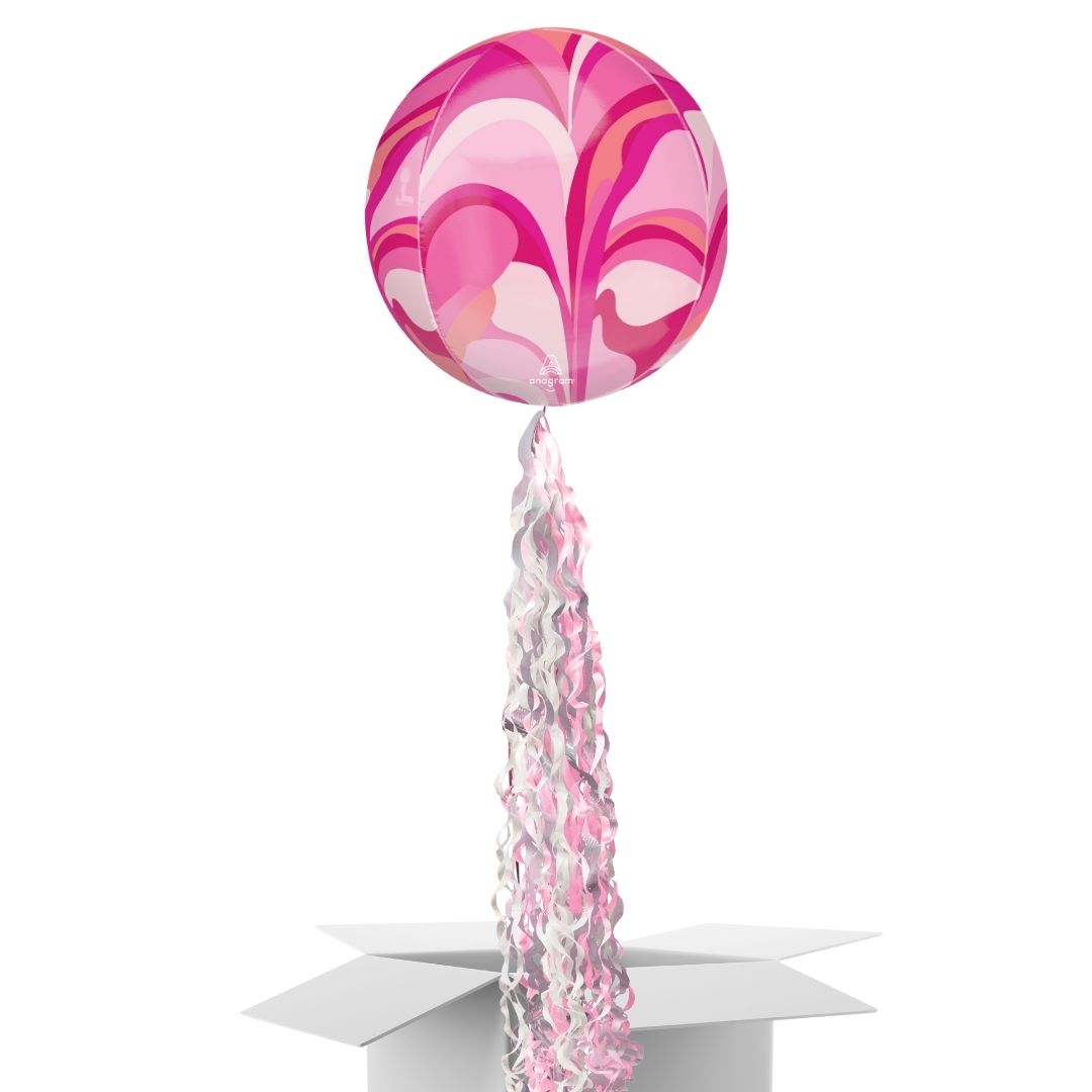 Floating Pink Macro Marble Balloon In A Box With Tail Surprise Gift - Personalise It!