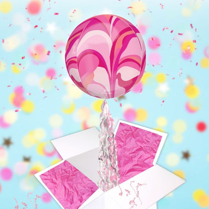 Floating Pink Macro Marble Balloon In A Box With Tail Surprise Gift - Personalise It!