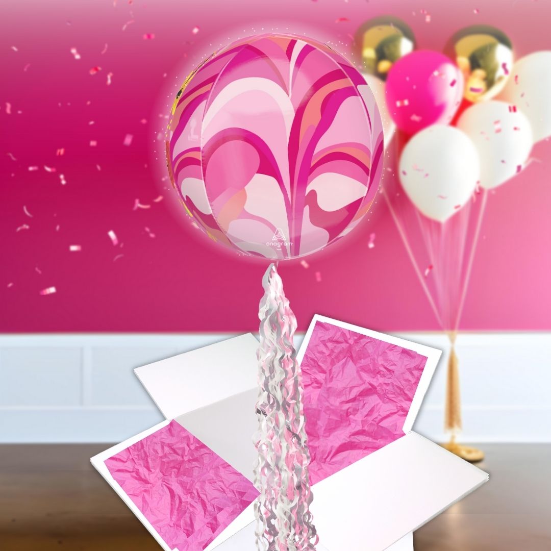 Floating Pink Macro Marble Balloon In A Box With Tail Surprise Gift - Personalise It!