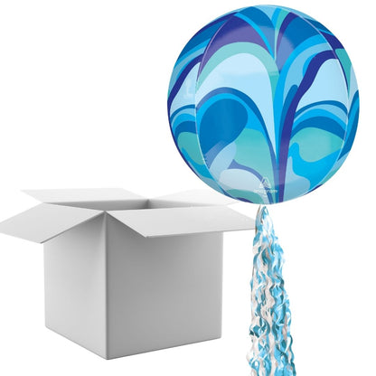Floating Blue Macro Marble Balloon In A Box With Tail Surprise Gift - Personalise It!