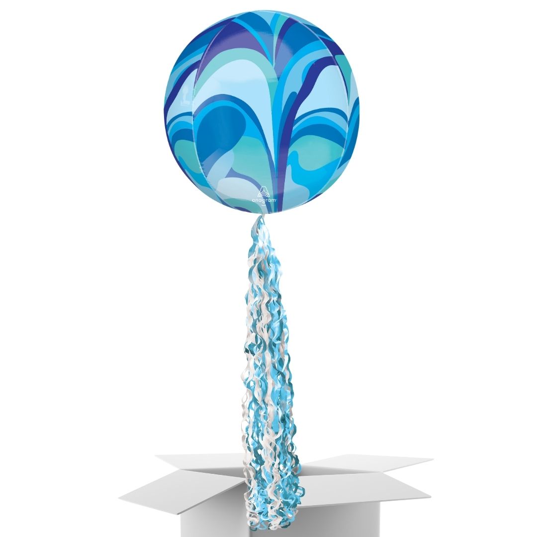 Floating Blue Macro Marble Balloon In A Box With Tail Surprise Gift - Personalise It!