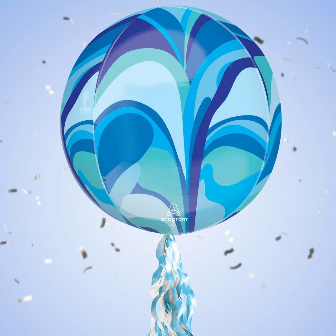Floating Blue Macro Marble Balloon In A Box With Tail Surprise Gift - Personalise It!