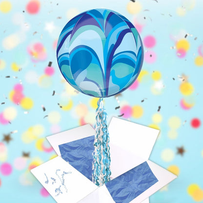 Floating Blue Macro Marble Balloon In A Box With Tail Surprise Gift - Personalise It!