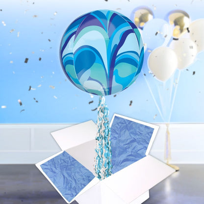 Floating Blue Macro Marble Balloon In A Box With Tail Surprise Gift - Personalise It!