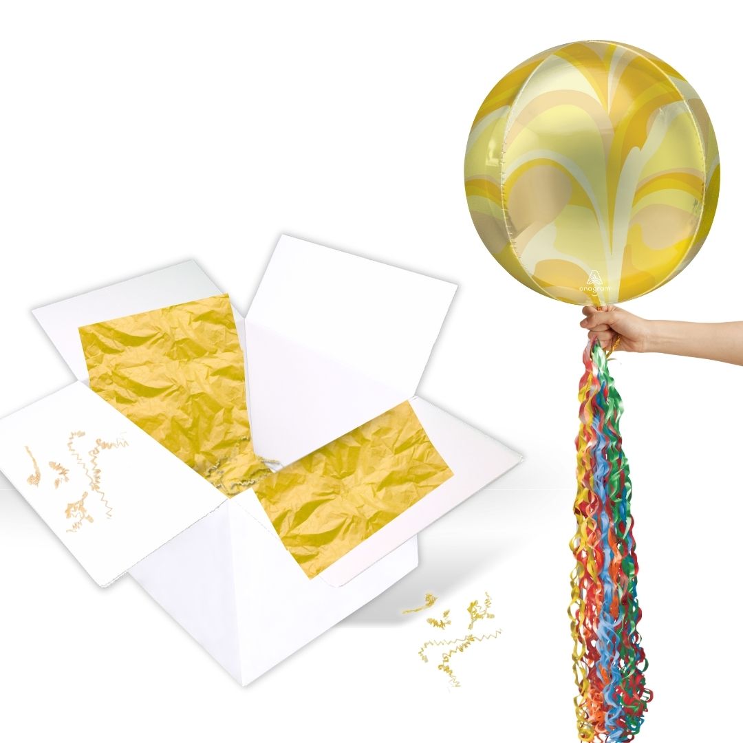 Floating Gold Macro Marble Balloon In A Box With Tail Surprise Gift - Personalise It!