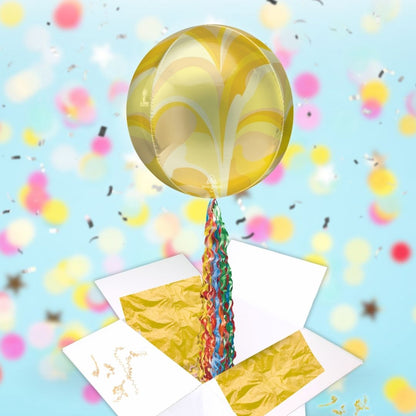 Floating Gold Macro Marble Balloon In A Box With Tail Surprise Gift - Personalise It!