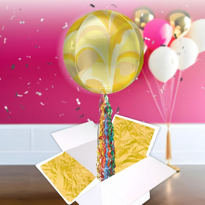 Floating Gold Macro Marble Balloon In A Box With Tail Surprise Gift - Personalise It!
