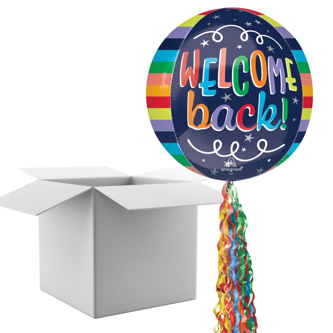 Floating Welcome Back Balloon In A Box With Tail Surprise Gift - Personalise It!