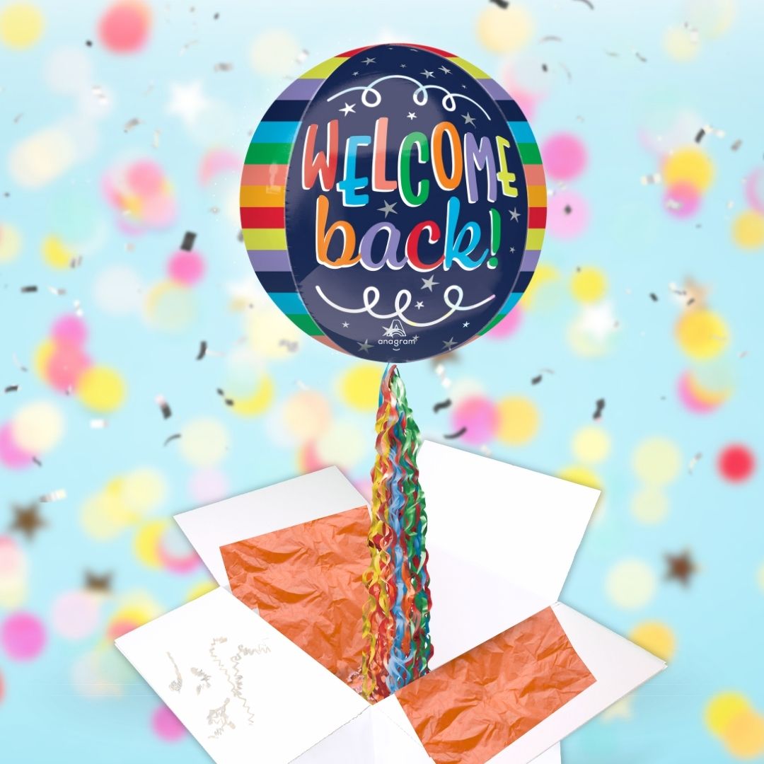 Floating Welcome Back Balloon In A Box With Tail Surprise Gift - Personalise It!