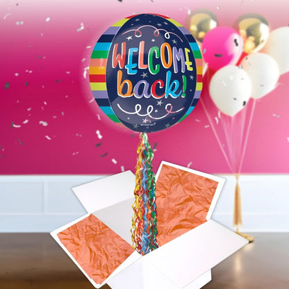 Floating Welcome Back Balloon In A Box With Tail Surprise Gift - Personalise It!