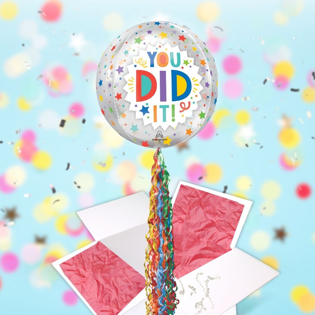 Floating You Did It! Celebration Balloon In A Box With Tail Surprise Gift - Personalise It!