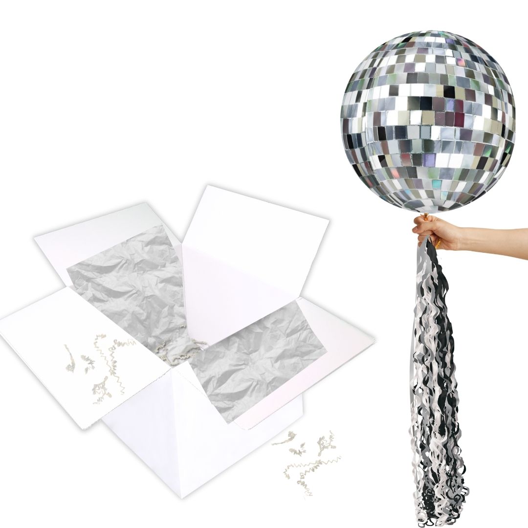 Floating Retro Disco Ball Balloon In A Box With Tail Surprise Gift - Personalise It!