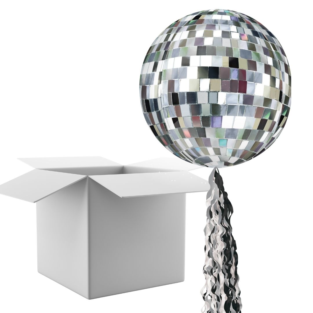 Floating Retro Disco Ball Balloon In A Box With Tail Surprise Gift - Personalise It!