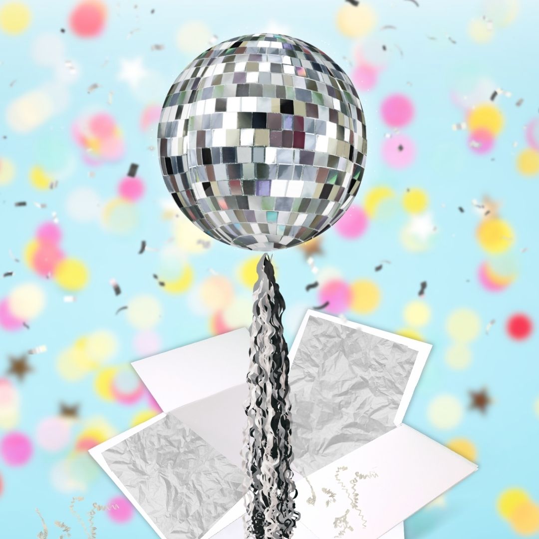 Floating Retro Disco Ball Balloon In A Box With Tail Surprise Gift - Personalise It!