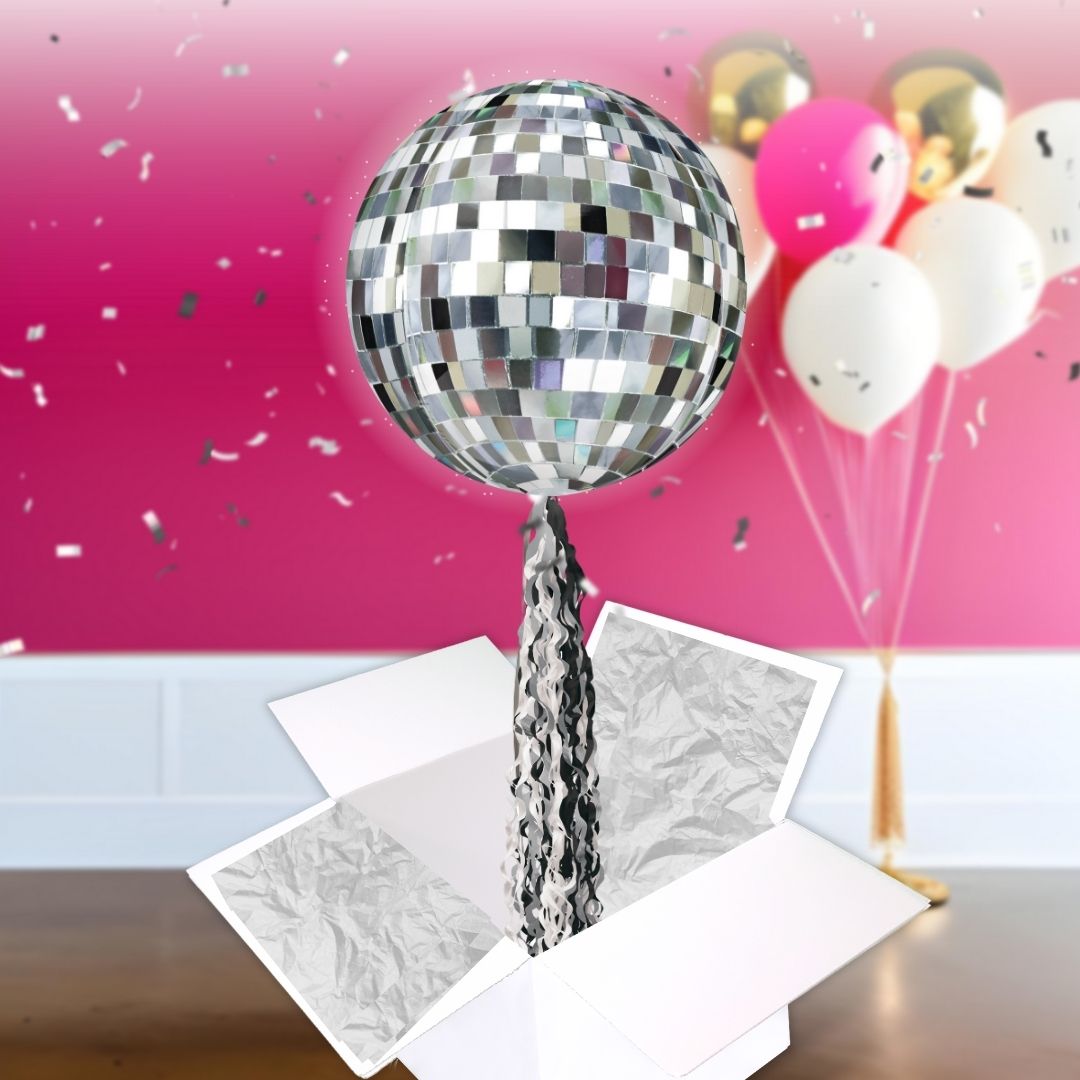Floating Retro Disco Ball Balloon In A Box With Tail Surprise Gift - Personalise It!