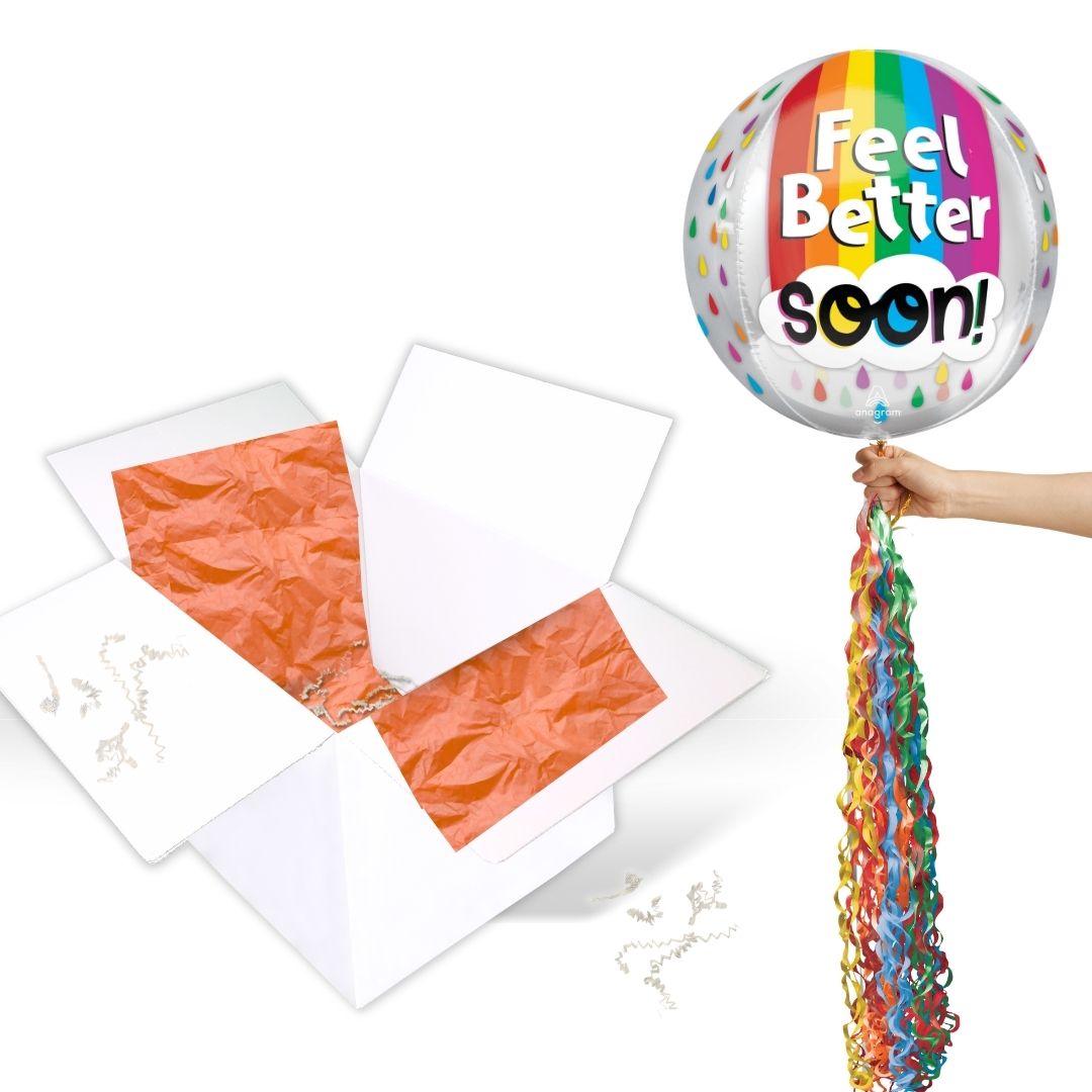 Floating Feel Better Soon Balloon In A Box With Tail Surprise Gift - Personalise It!