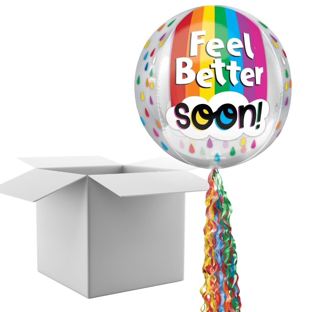 Floating Feel Better Soon Balloon In A Box With Tail Surprise Gift - Personalise It!