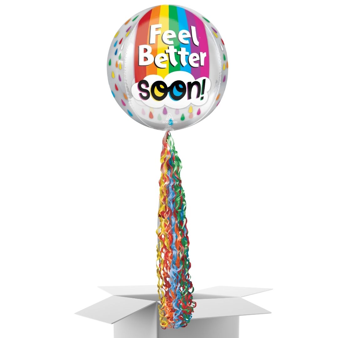 Floating Feel Better Soon Balloon In A Box With Tail Surprise Gift - Personalise It!