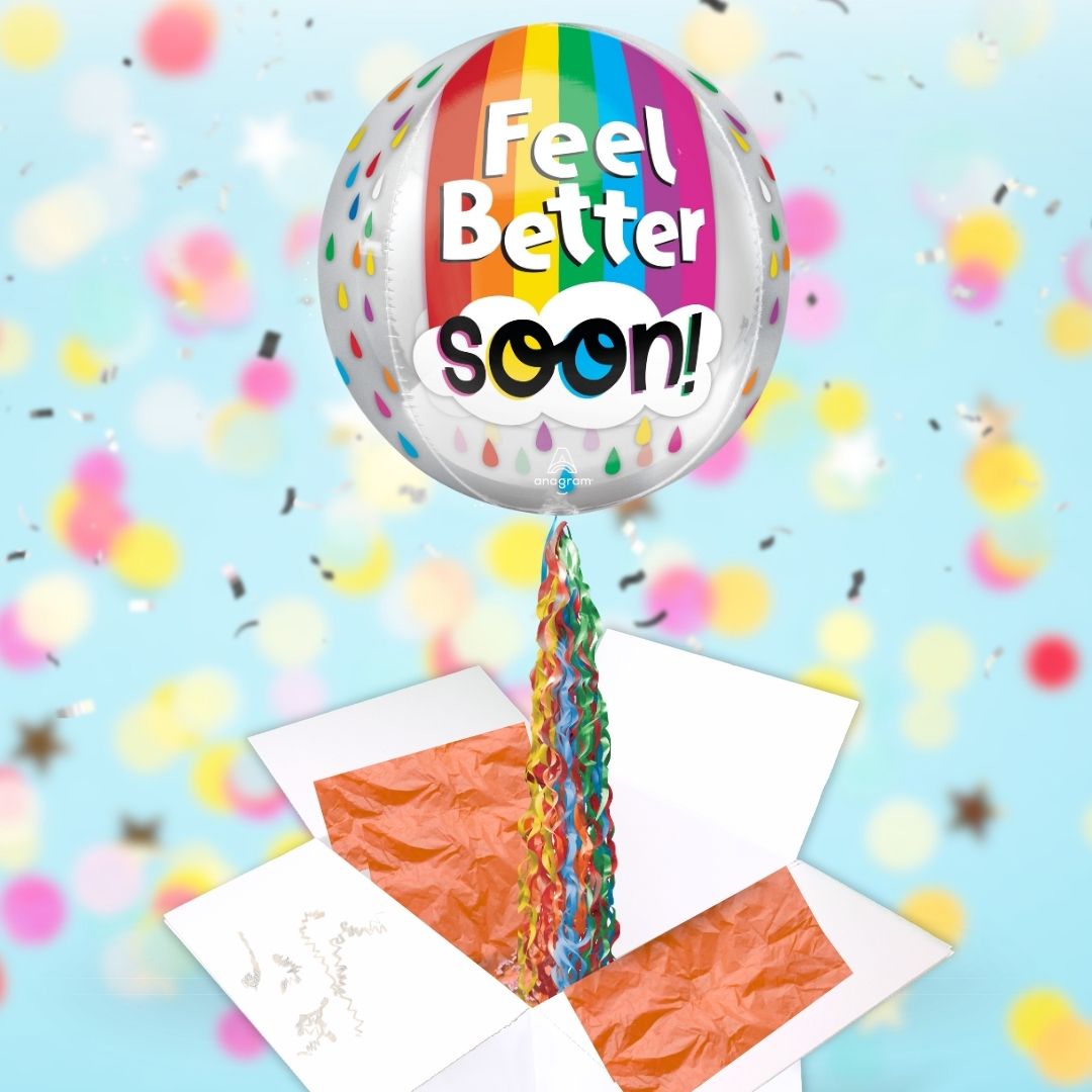 Floating Feel Better Soon Balloon In A Box With Tail Surprise Gift - Personalise It!