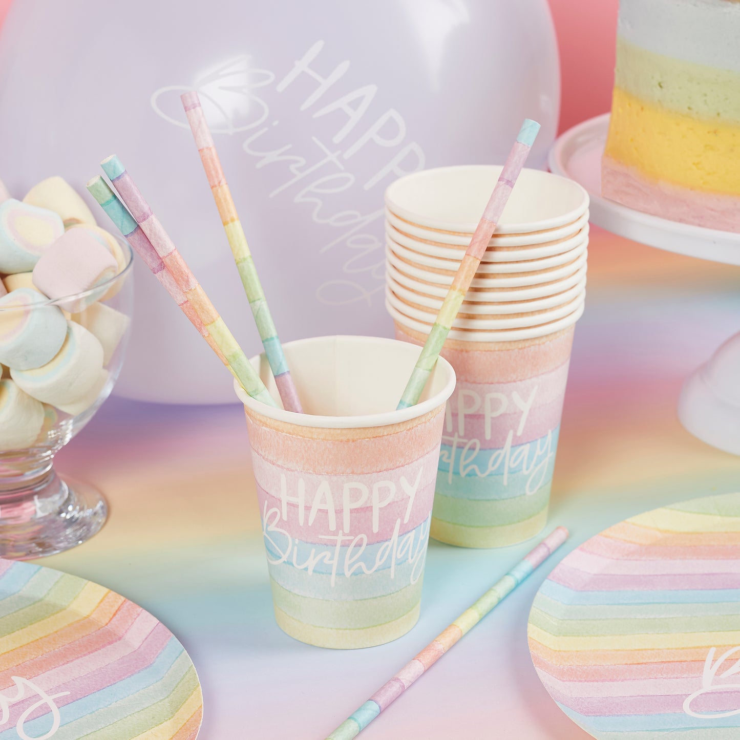 Hootyballoo 8 Pack Eco Rainbow 'Happy Birthday' Paper Cups Party Tableware