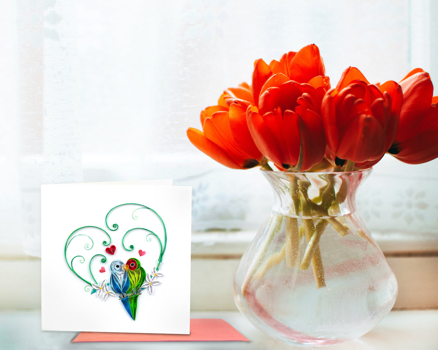 Quilling Pair Of Love Birds Chirpy Romance Hand-Finished Art Greeting Card