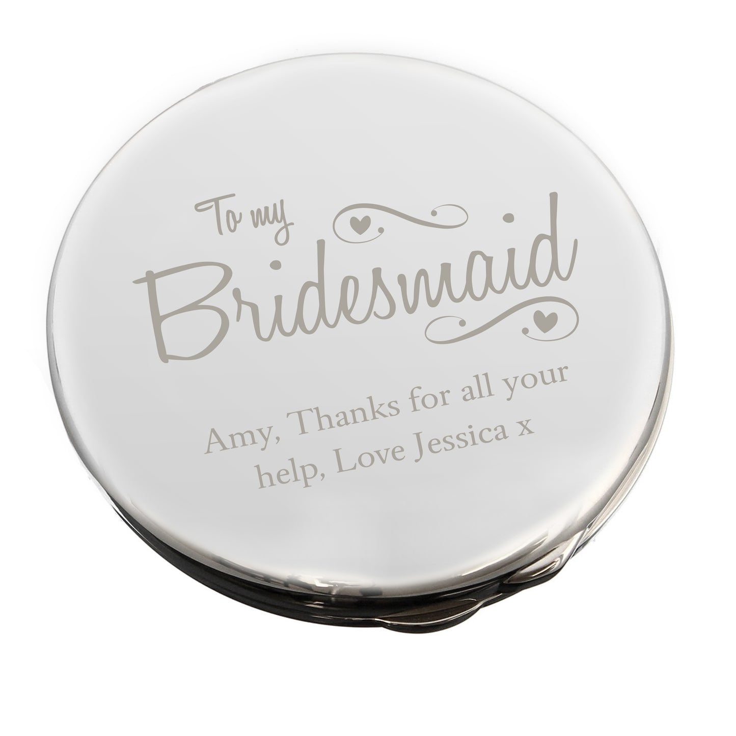 Personalised Bridesmaid Swirls & Hearts Compact Mirror - Personalise It!