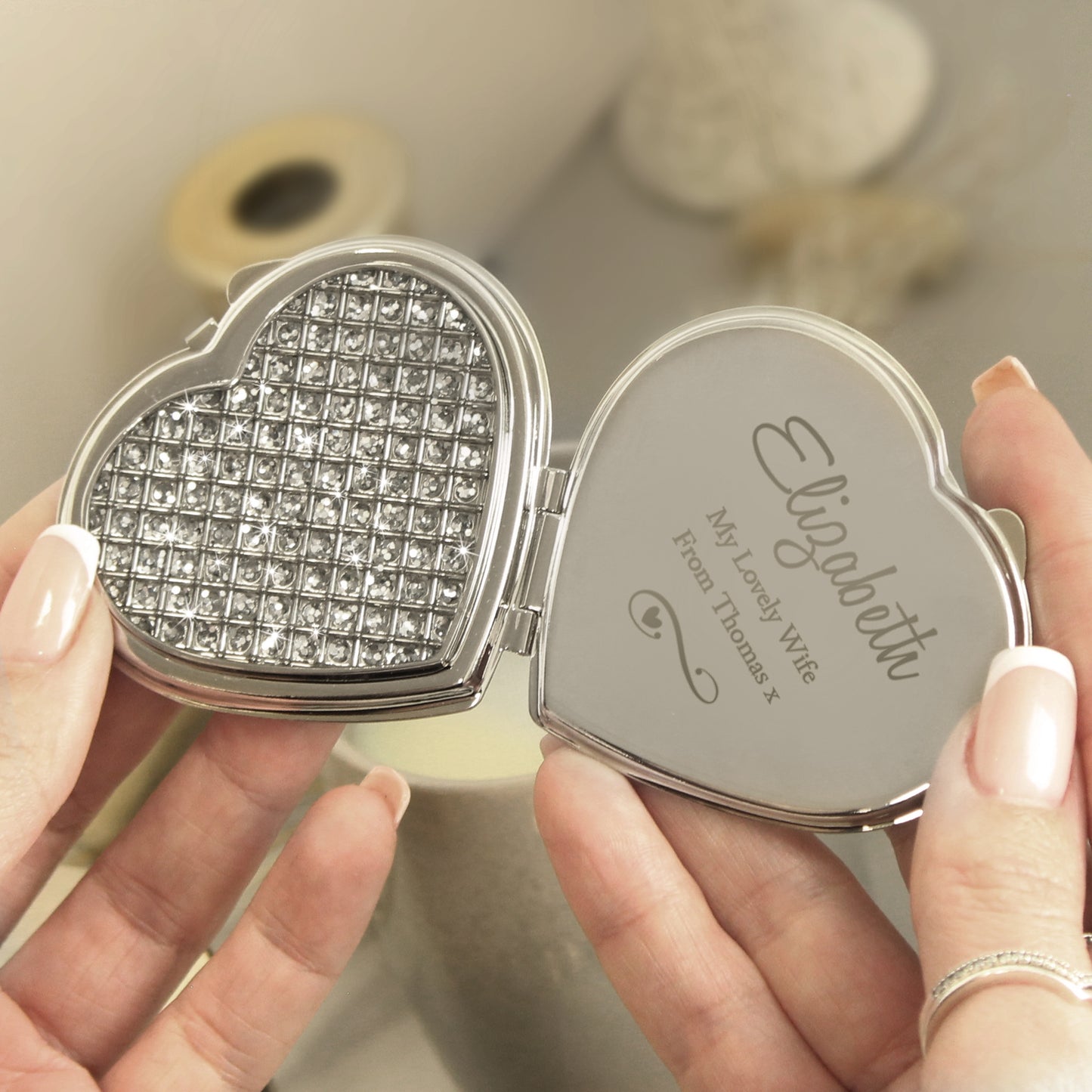 Personalised Swirls & Hearts Diamante Heart Compact Mirror - Personalise It!