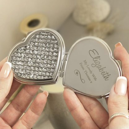 Personalised Swirls & Hearts Diamante Heart Compact Mirror - Personalise It!